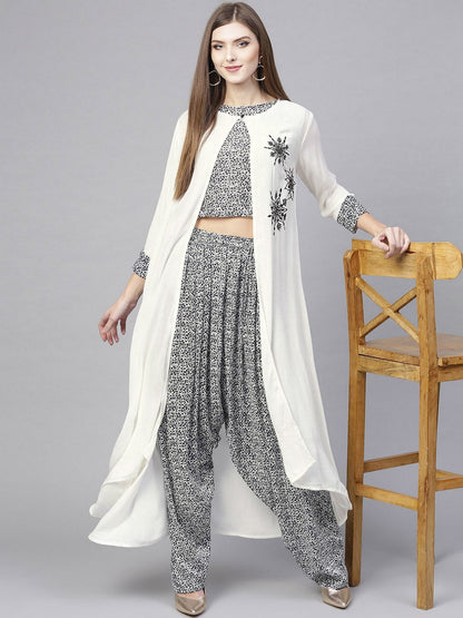 Top With Dhoti Salwar With Long Embroidered Jacket