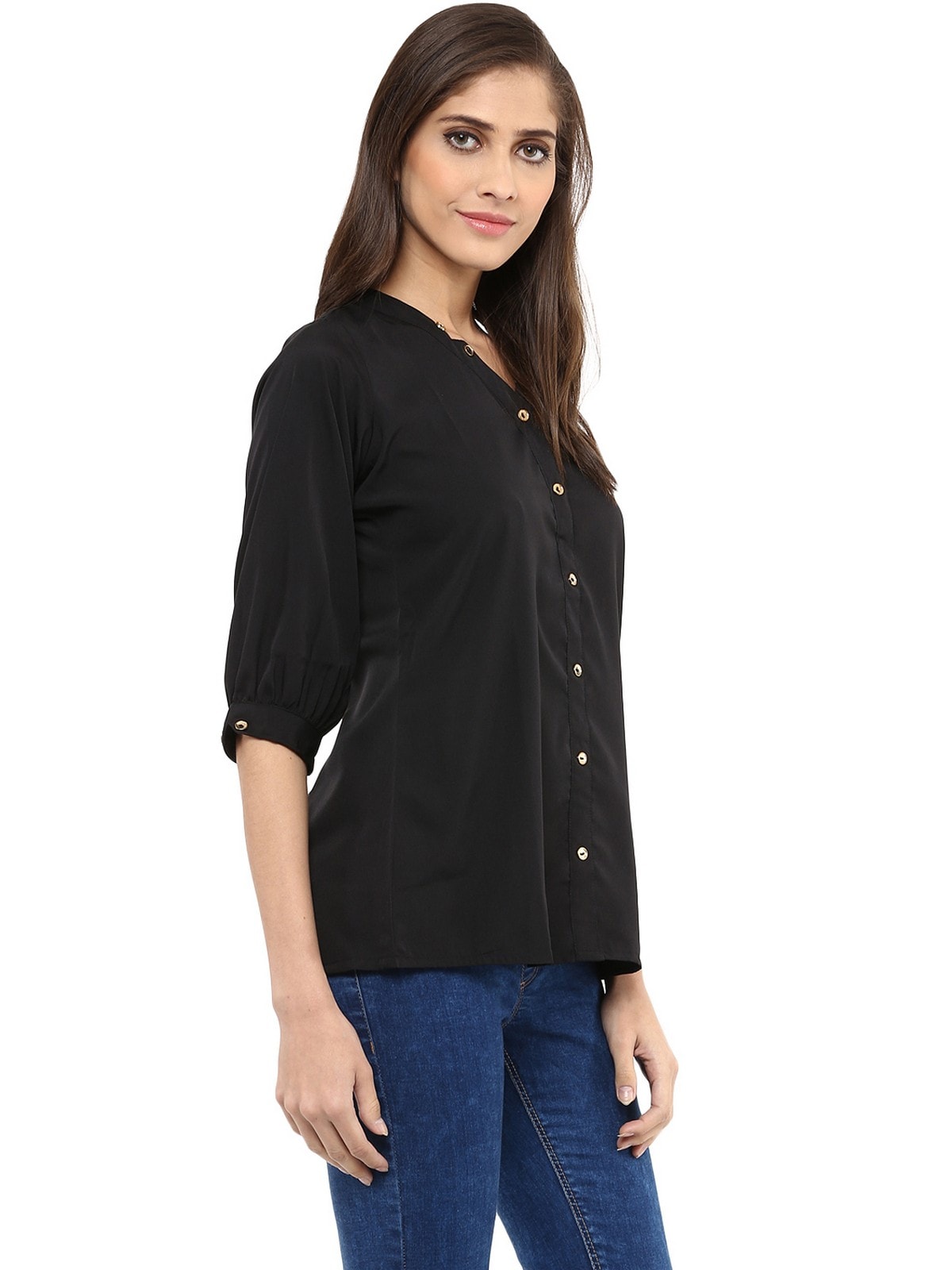 Pannkh Women's Black  Shirt Top With Detailed Notch Designs