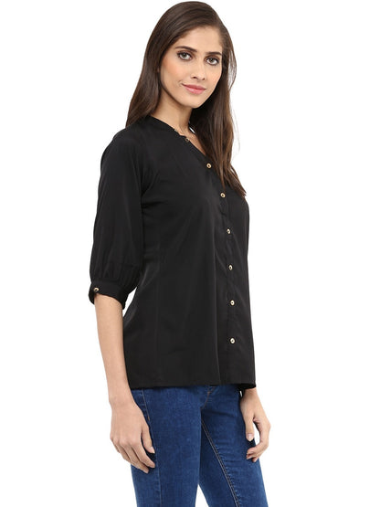 Pannkh Women's Black  Shirt Top With Detailed Notch Designs