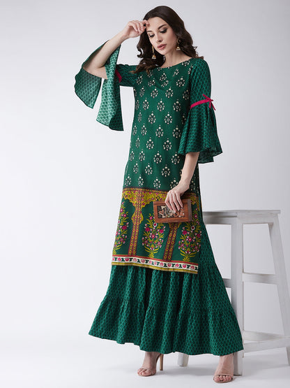 Green Mughal Printed Kurta With Sharara Pants