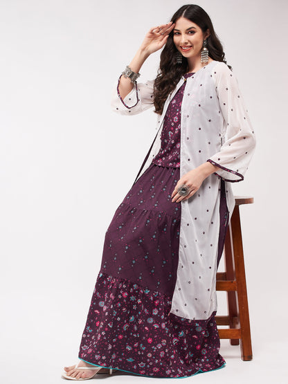 Mughal Printed Top  With Skirt And Embroidered Shrug