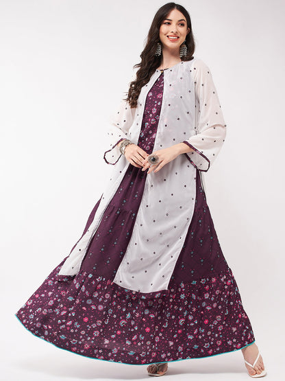 Mughal Printed Top  With Skirt And Embroidered Shrug