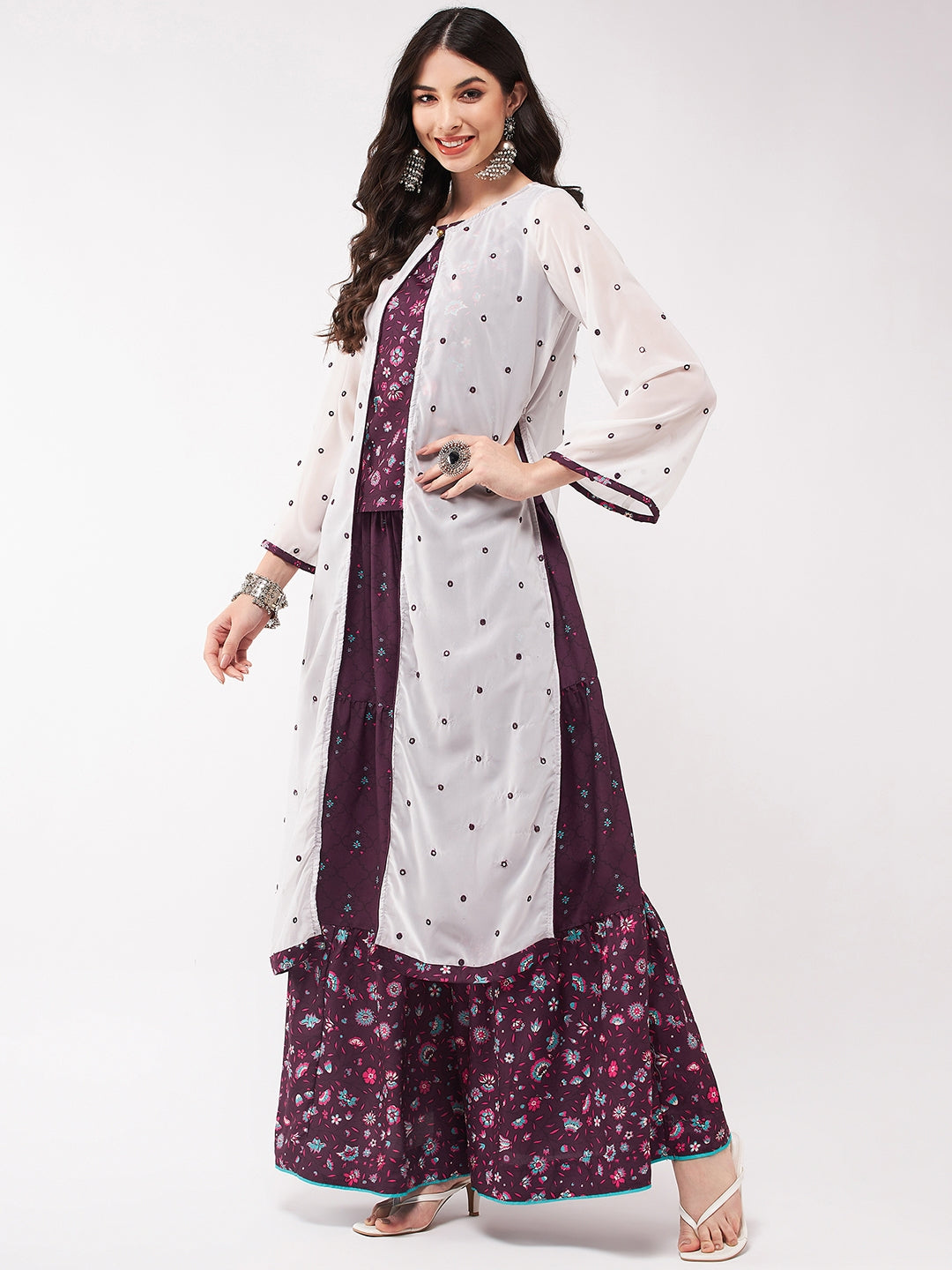 Mughal Printed Top  With Skirt And Embroidered Shrug