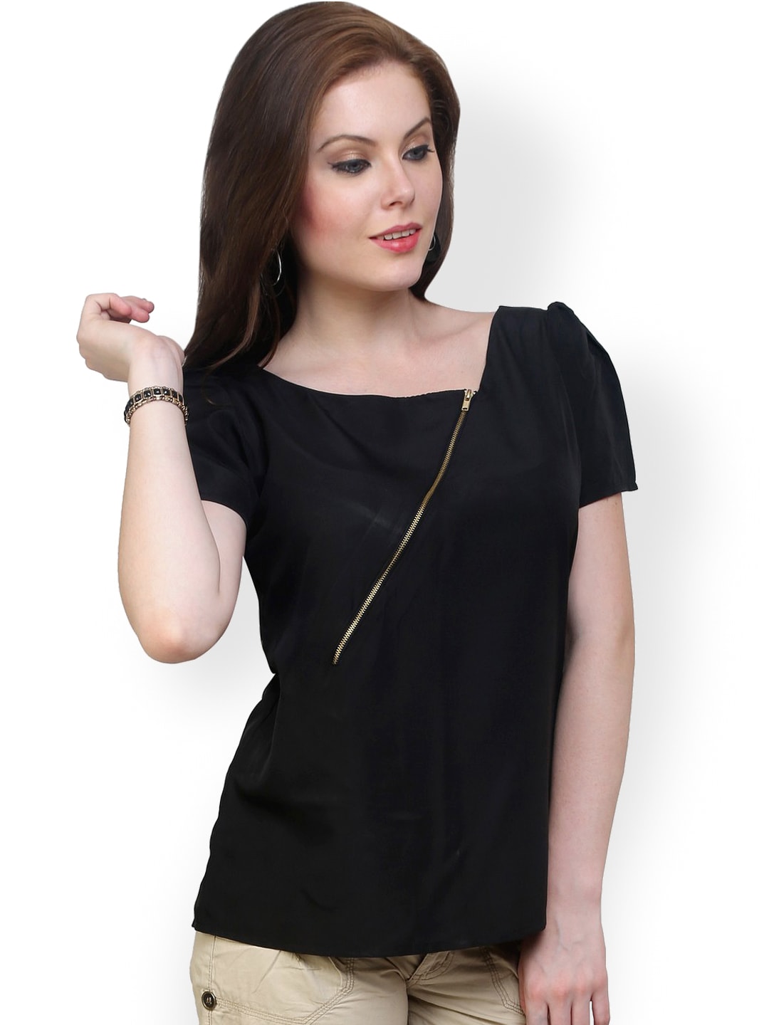 Pannkh Women's Black Top Detailed With Gathered Sleeves And Diagonal Zip