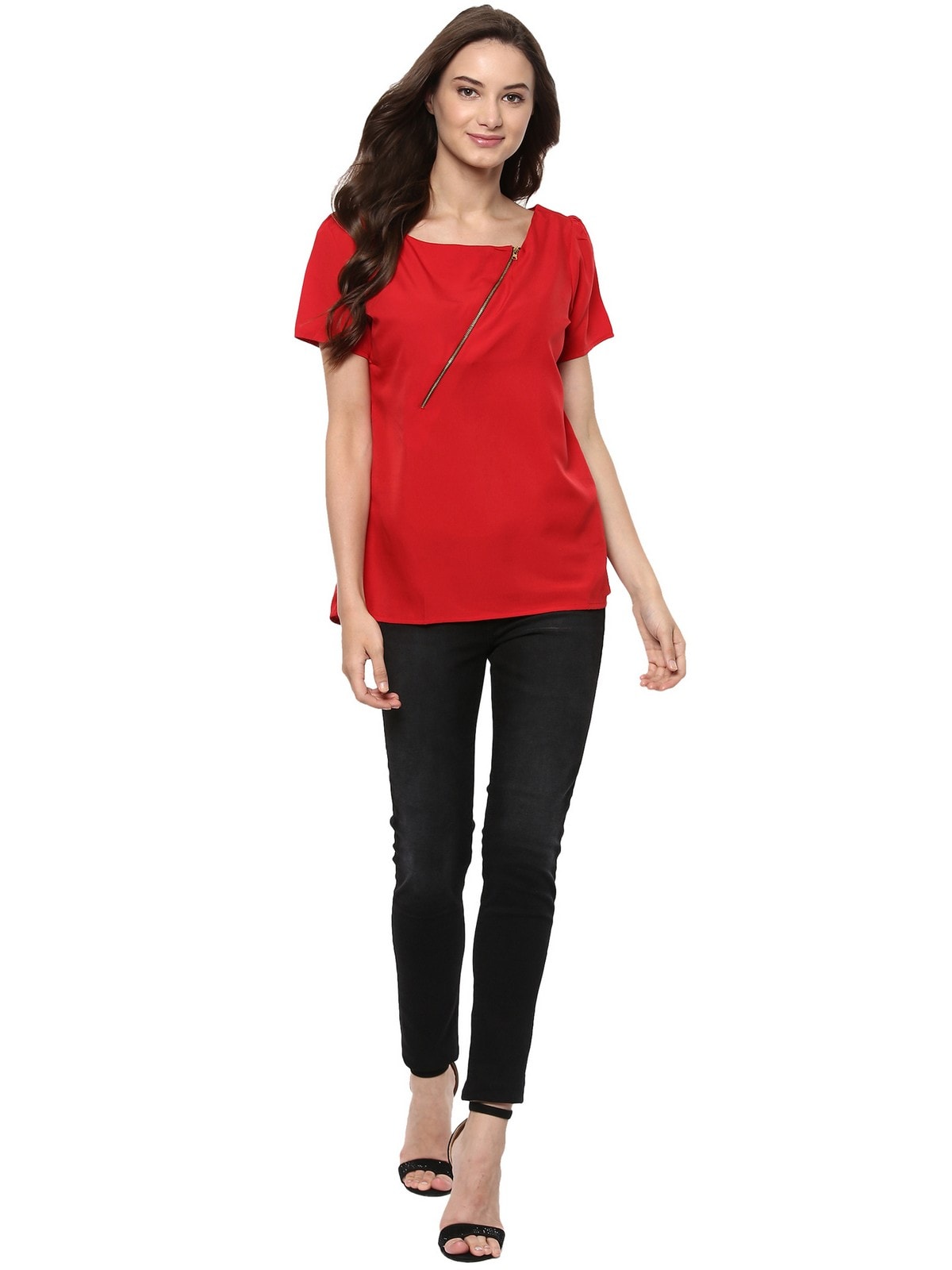 Pannkh Women's Red Top Detailed With Gathered Sleeves And Diagonal Zip