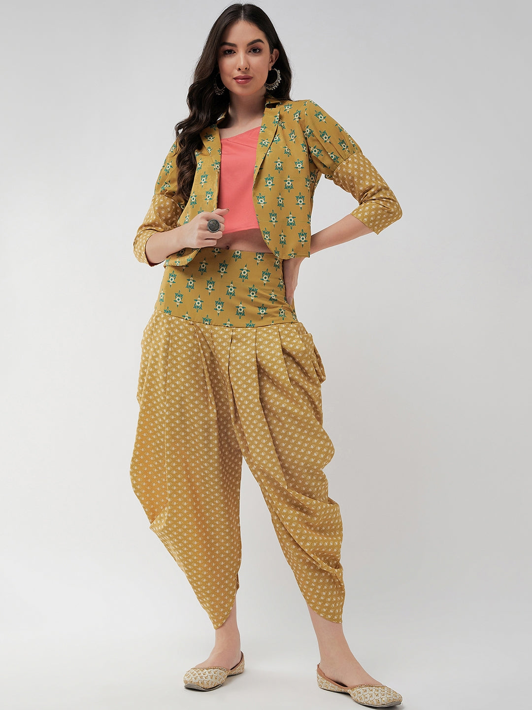 Jaipur Haat Leg 'O' Mutton Sleeves Jacket With Top And Dhoti Pant