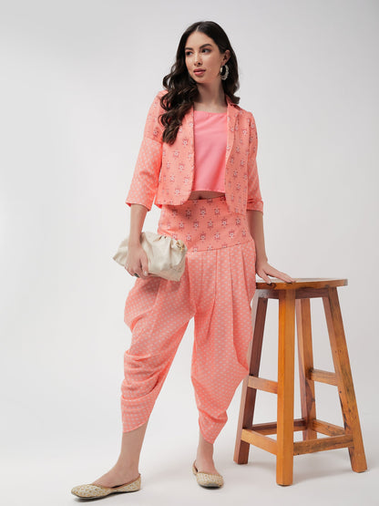 Jaipur Haat Leg 'O' Mutton Sleeves Jacket With Top And Dhoti Pant