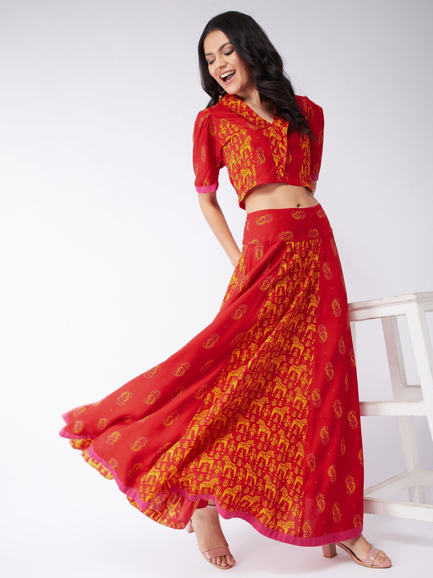 Digital Printed Sindoor Collared Top With Flared Skirt