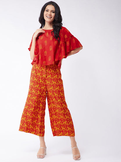 Sindoor Digital Printed Top With Extended Flared Sleeves And Printed Pants