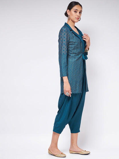 Shringaar Blue Festive Top And Dhoti Pant With Block Printed Jacket Set