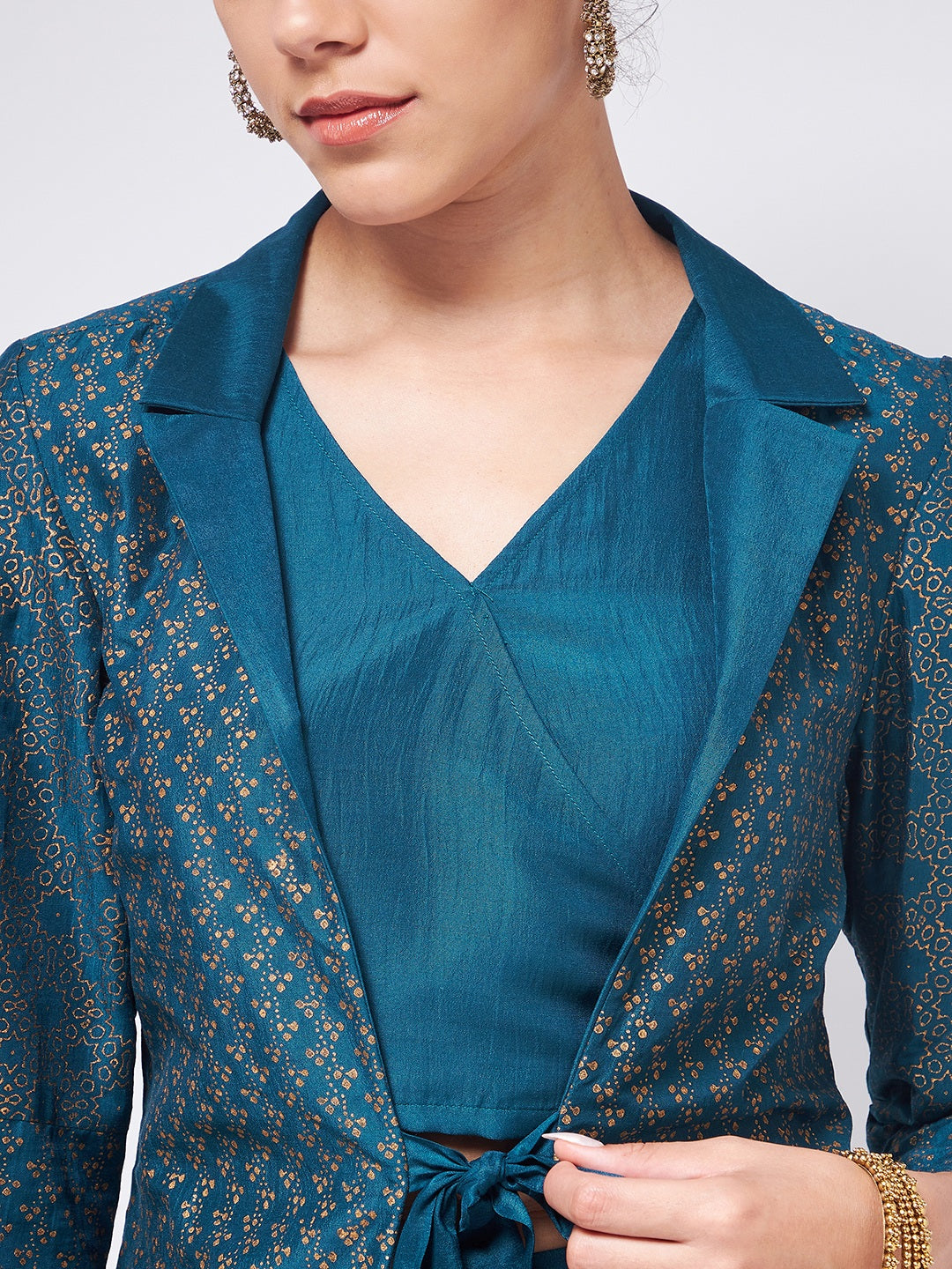 Shringaar Blue Festive Top And Dhoti Pant With Block Printed Jacket Set