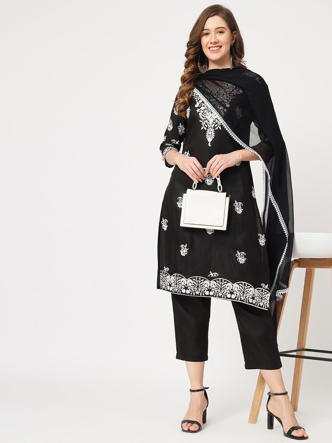 Embroidered Kurta With Matching Pants And Lace Detailed Dupatta Set