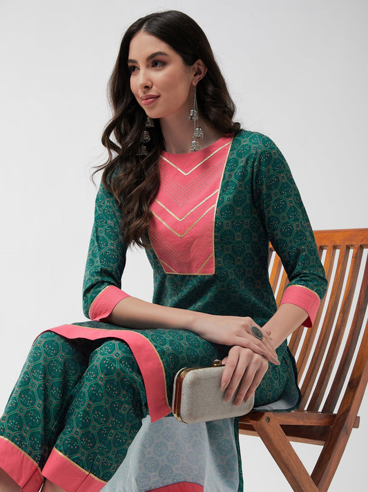 Wedding Inspired Allover Printed Yoke With Lace Insert Kurta With Pant Set