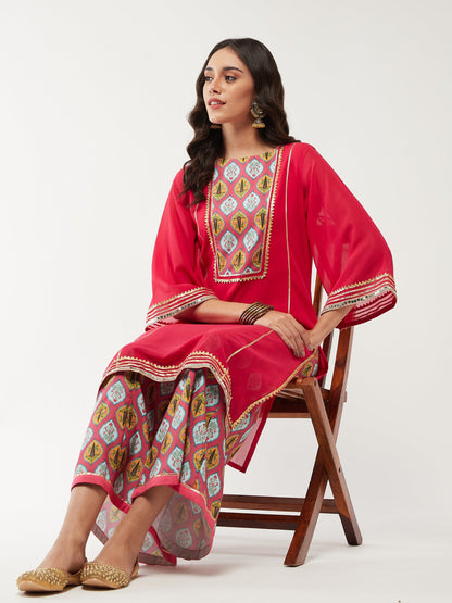 Wedding Inspired Solid Lace Kurta With Digital Printed Flared Palazzo Set