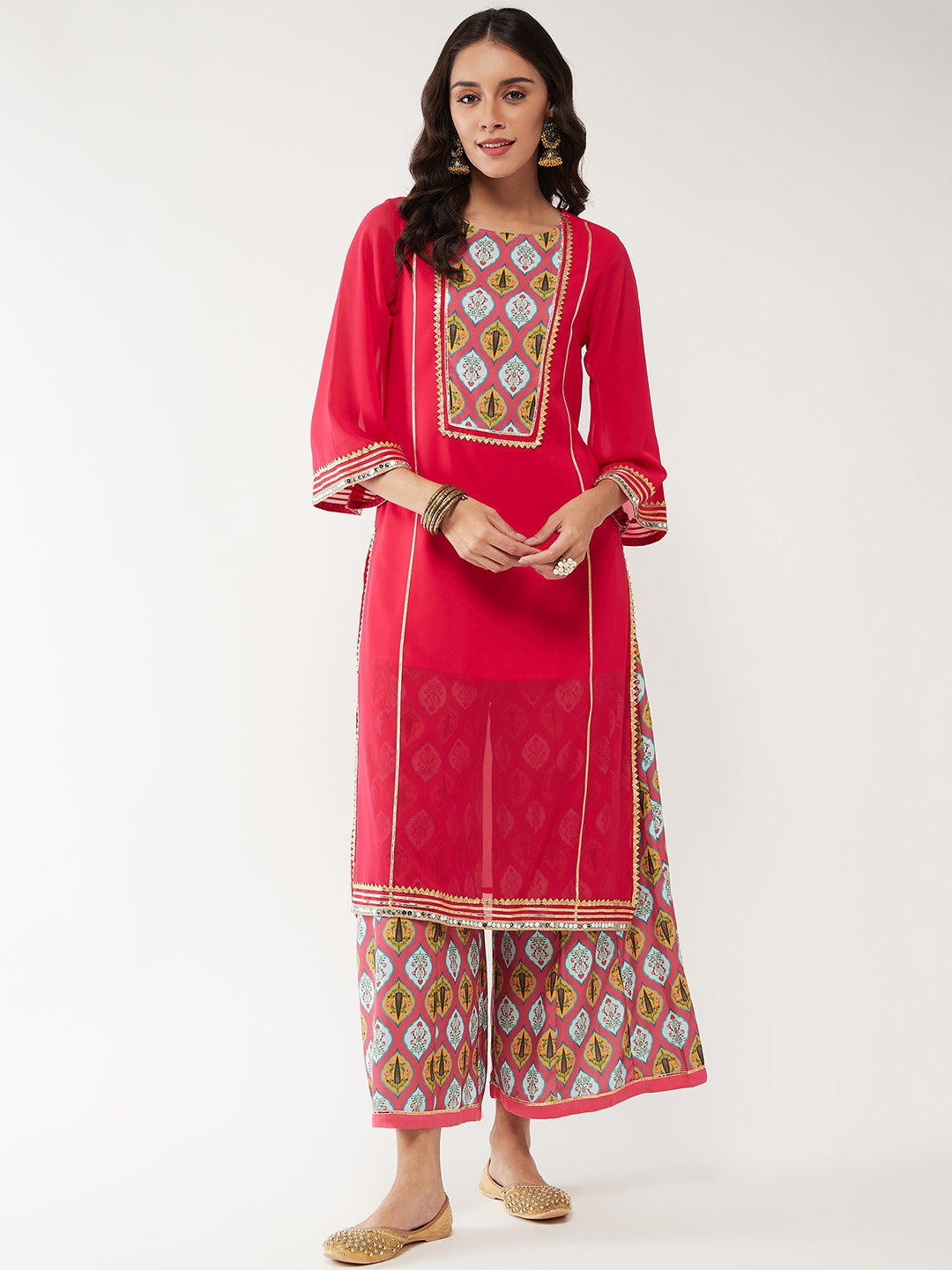 Wedding Inspired Solid Lace Kurta With Digital Printed Flared Palazzo Set