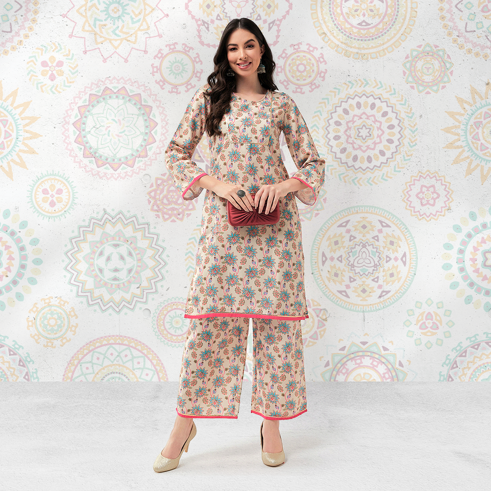 Digital Allover Printed Kurta With Lace At Yoke And Matching Pant Set