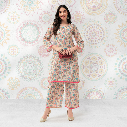 Digital Allover Printed Kurta With Lace At Yoke And Matching Pant Set