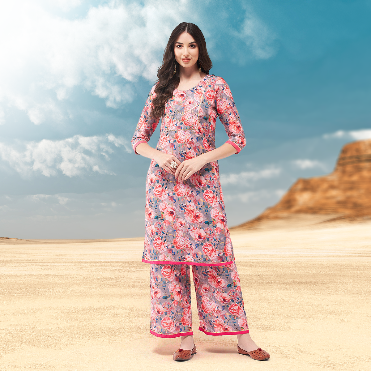 Digital Floral Printed Kurta With Palazzo Set