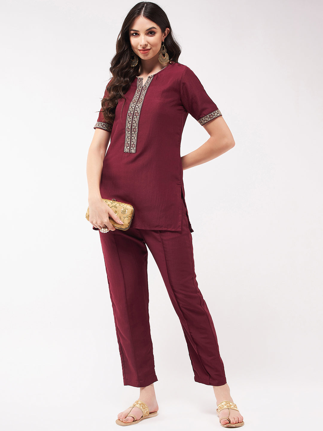 Festive Solid Short Kurti With Lace And Matching Pant Set