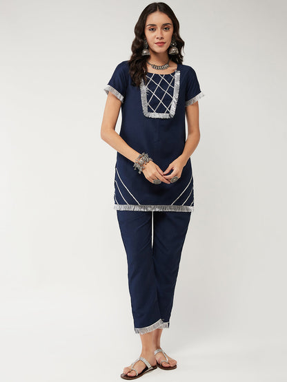 Solid Semi-Festive Short Lace Detailed Kurta With Pant Set