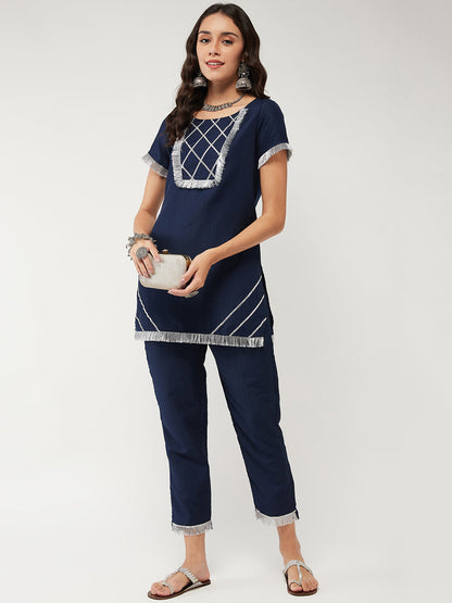 Solid Semi-Festive Short Lace Detailed Kurta With Pant Set