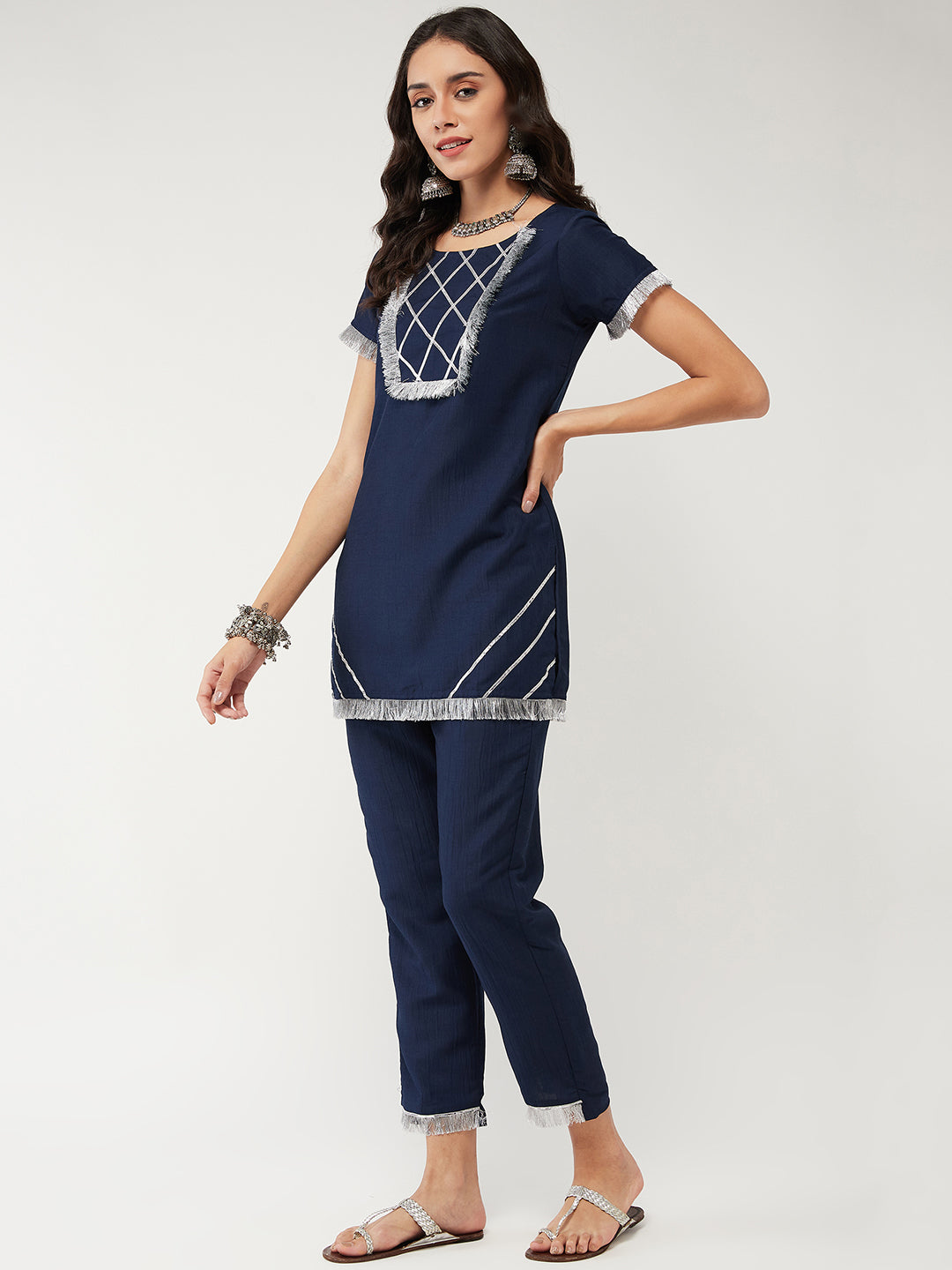 Solid Semi-Festive Short Lace Detailed Kurta With Pant Set