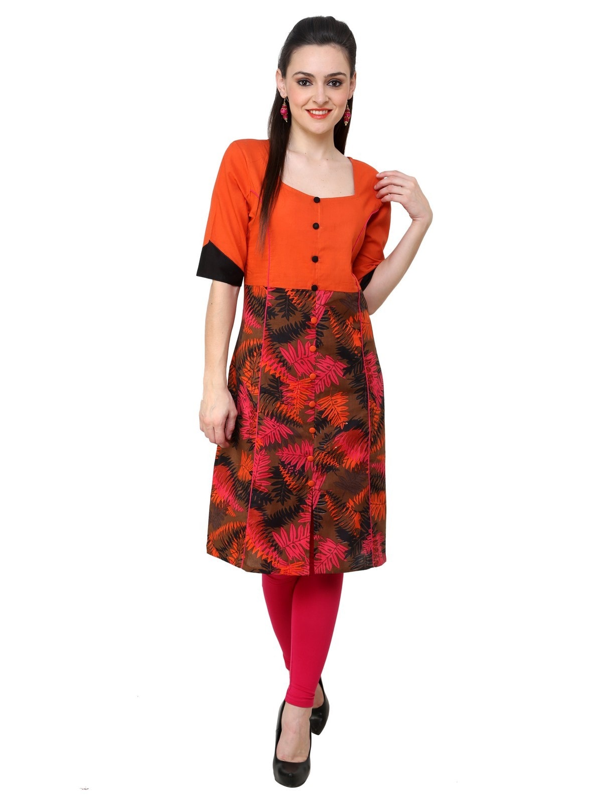 Orange Leaf Print Panelled Kurti