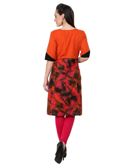 Orange Leaf Print Panelled Kurti