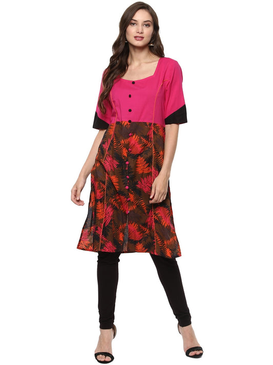 Pannkh Women's Pink Leaf Print Panelled Kurti