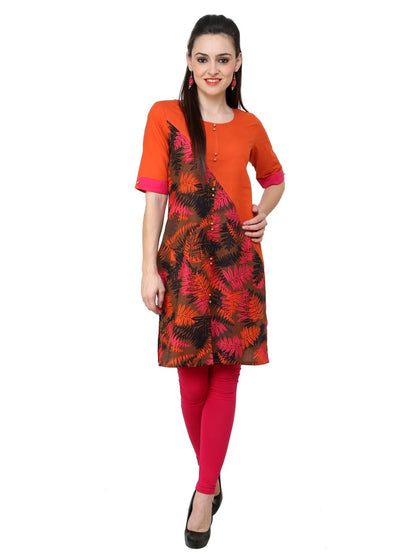 Pannkh Women's Orange Leaf Print Diagonal Cut Kurti