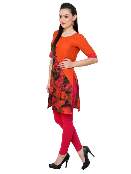 Pannkh Women's Orange Leaf Print Diagonal Cut Kurti