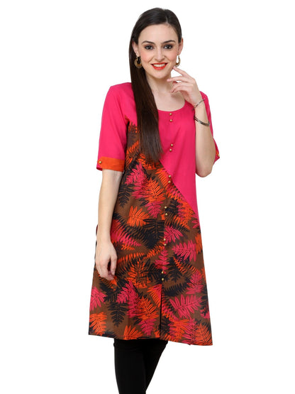 Pannkh Women's Pink Leaf Print Diagonal Cut Kurti