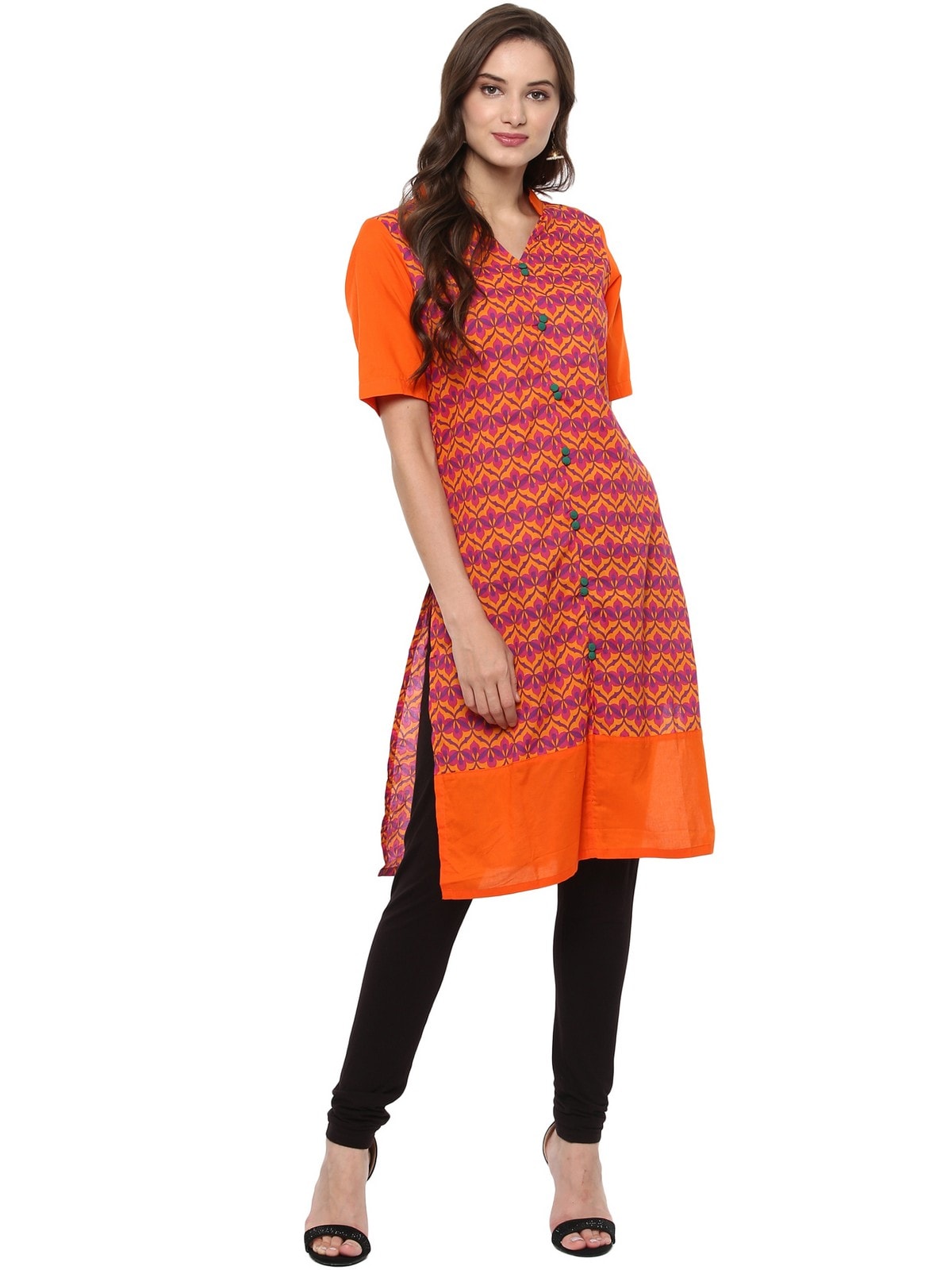 Pannkh Women's Orange Allover Print Stand Collar Print Kurti