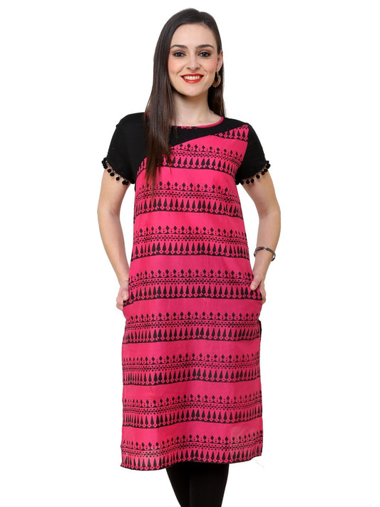 Pannkh Women's Pink Border Print Lace Kurti