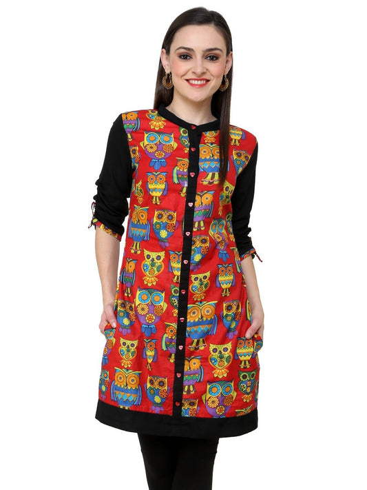 Pannkh Women's Red Owl Reversible Buttoned Kurti