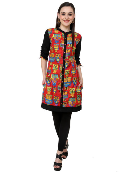 Pannkh Women's Red Owl Reversible Buttoned Kurti