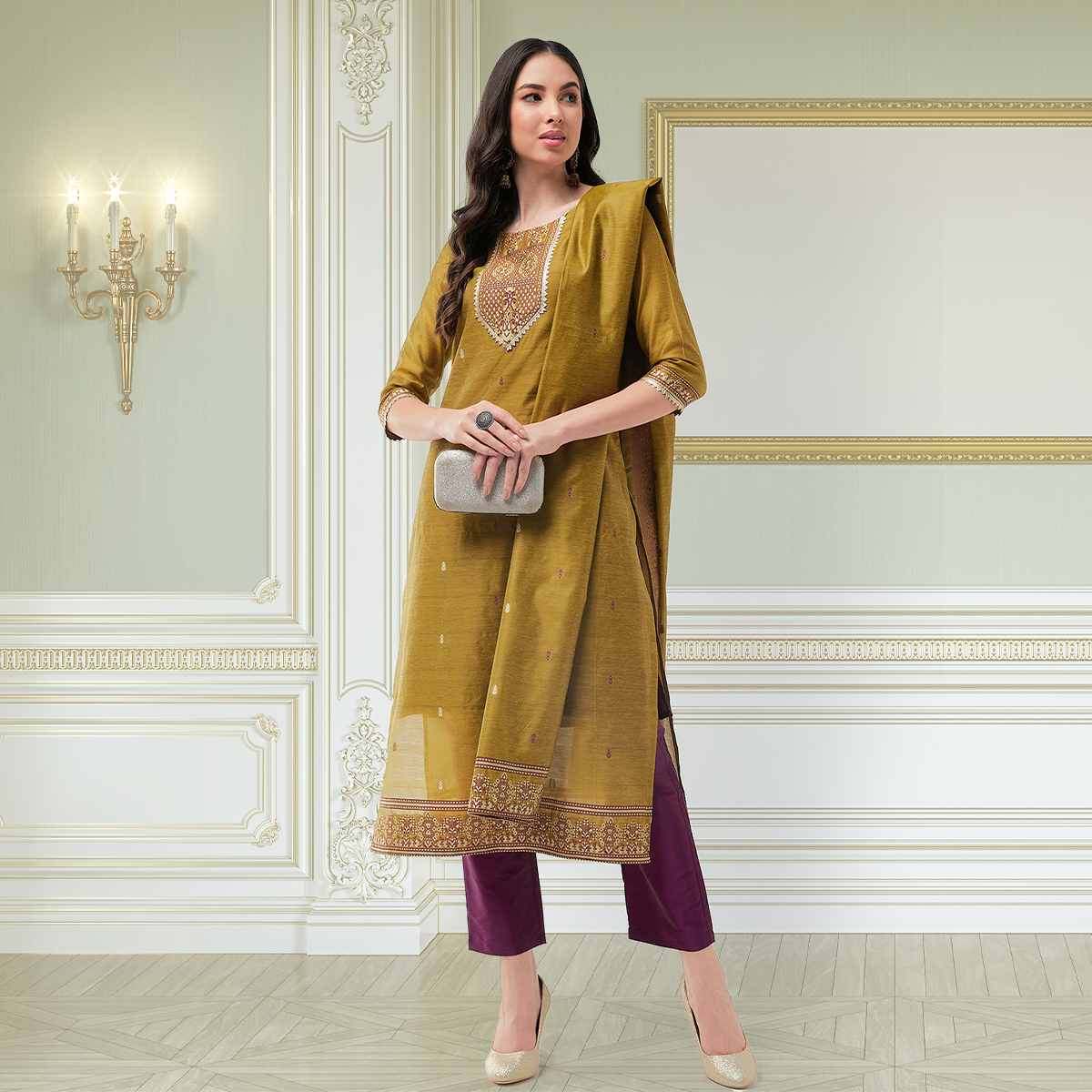 Festive Jacquard Neck Patch Kurta With Dupatta And Matching Pants