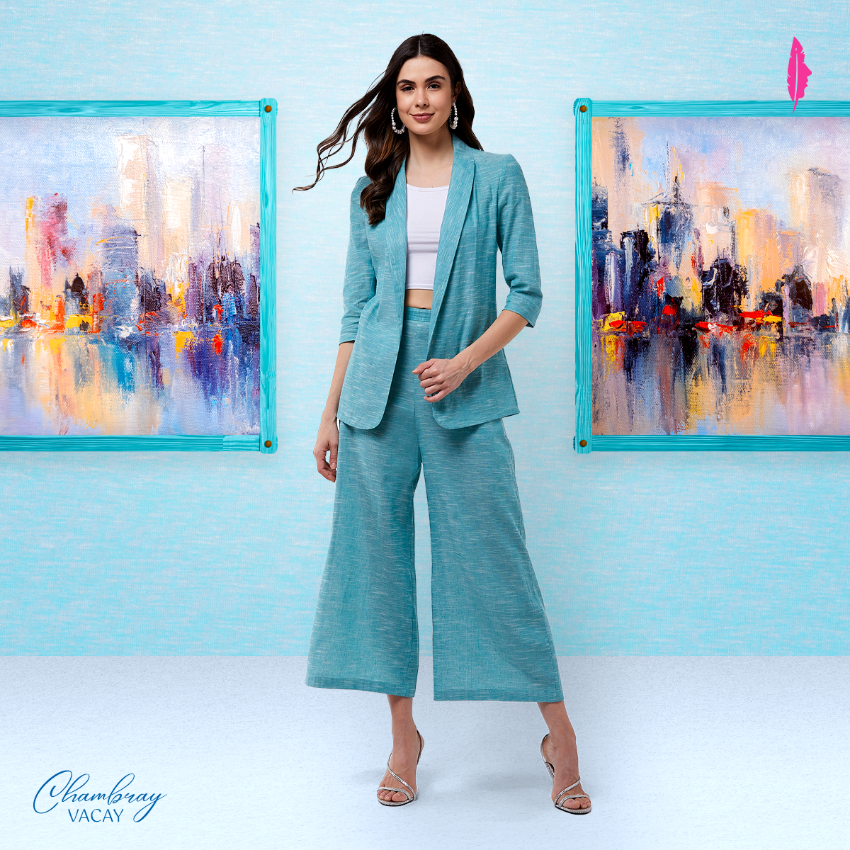 Chambray Long Blazer And Pant Set