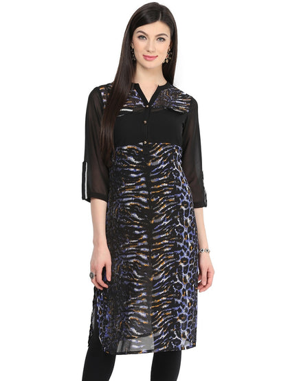 Pannkh Women's Blue Tiger Print Kurti