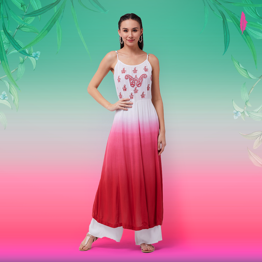 Ombre Embroidered Strappy Tiered Kurta