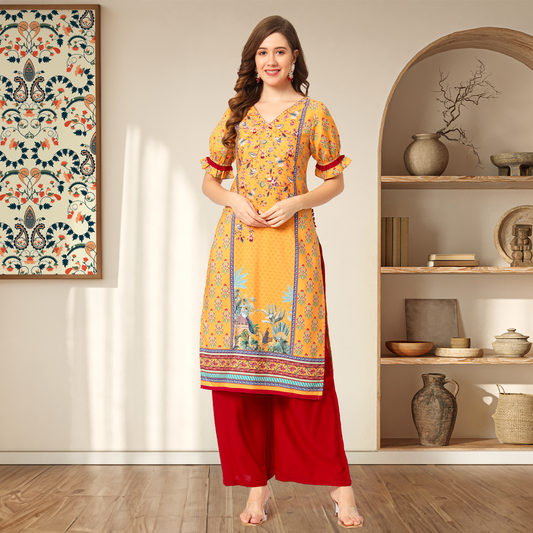 Wedding Inspired Digital Printed Kurta With Laced V-Neckline