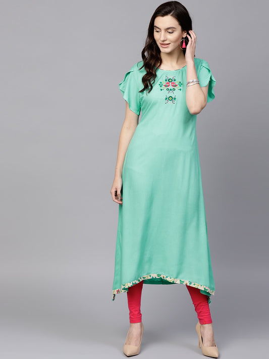 Pannkh Women's Embroidered Petal Sleeves Kurta