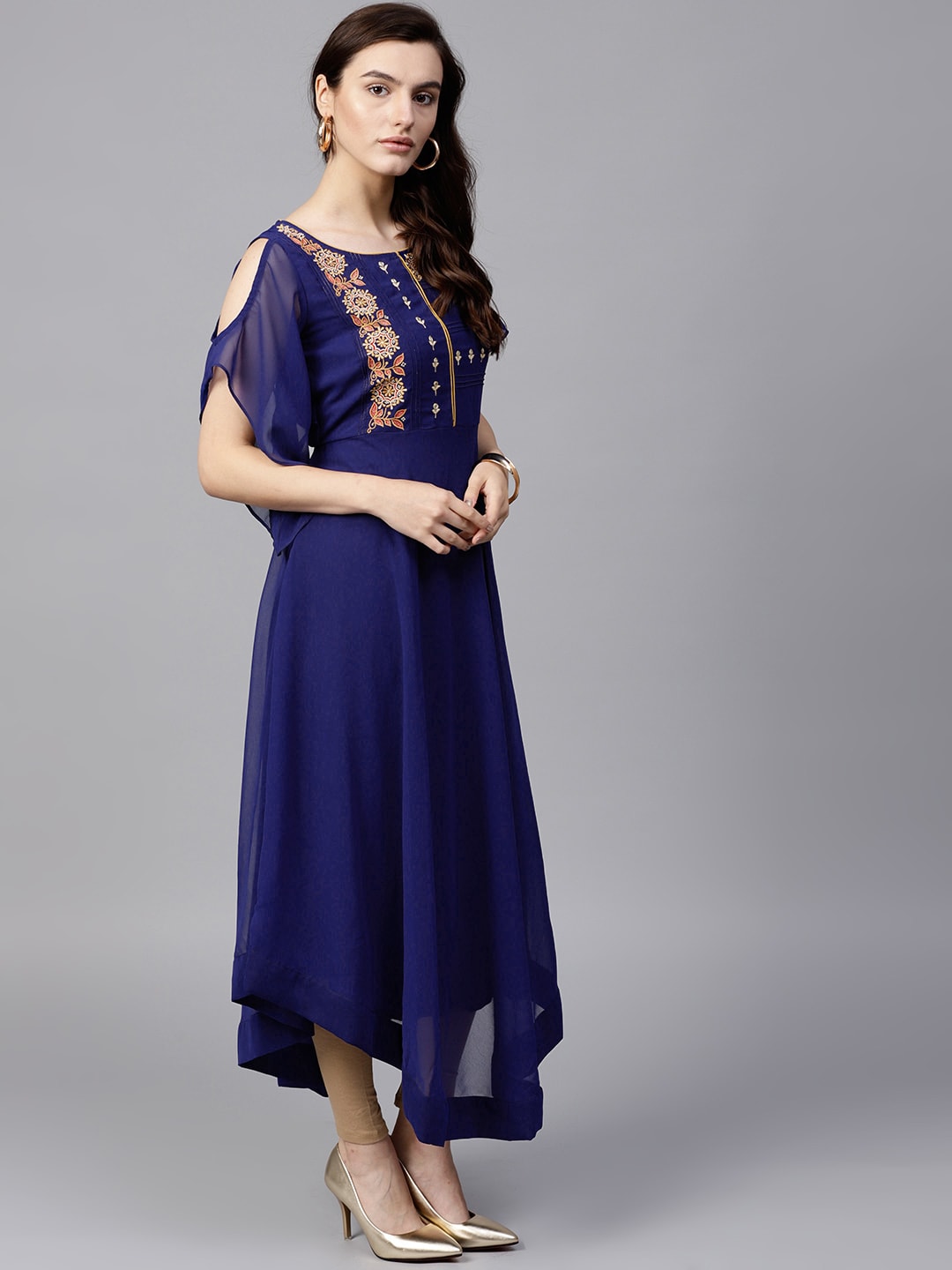 Blue Embroidered Sheer Asymmetric Kurta