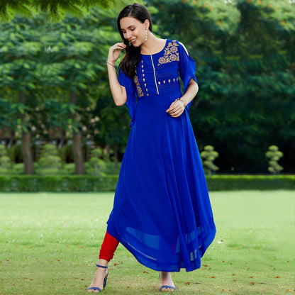 Blue Embroidered Sheer Asymmetric Kurta