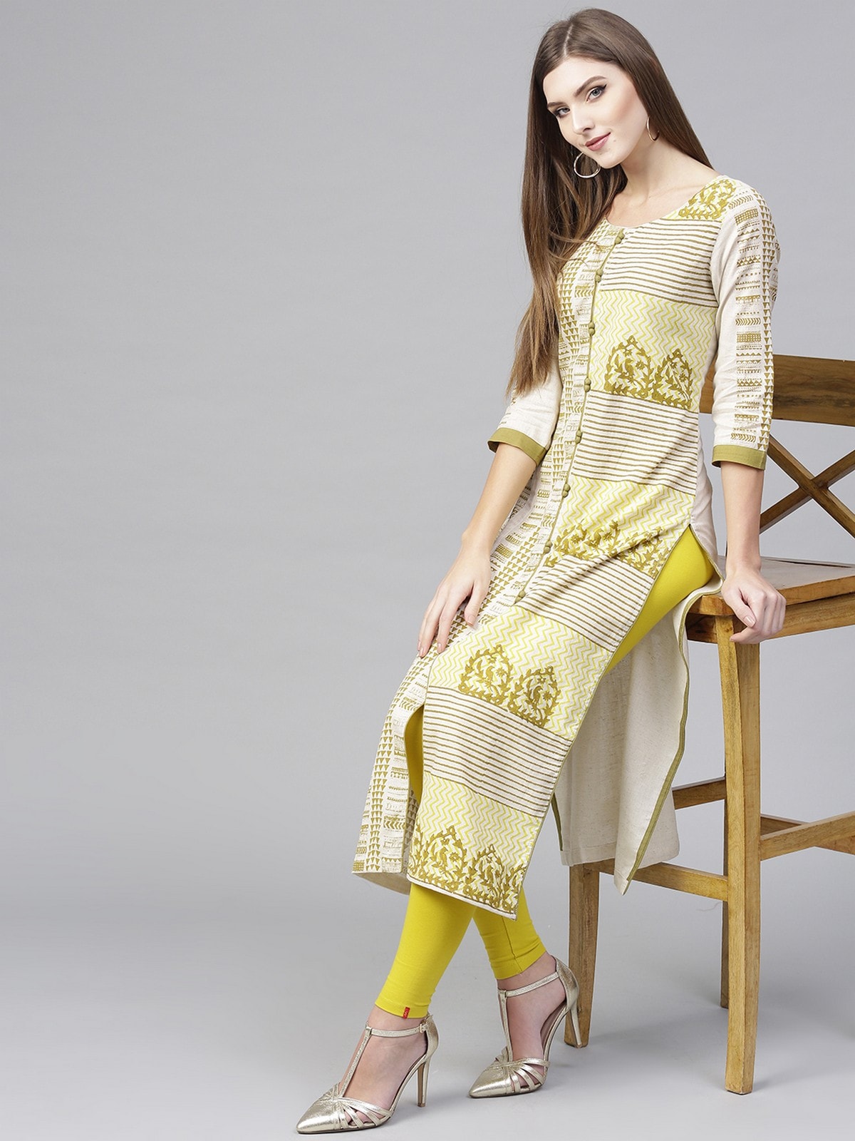 Off-White Half N Half Block Printed Kurta