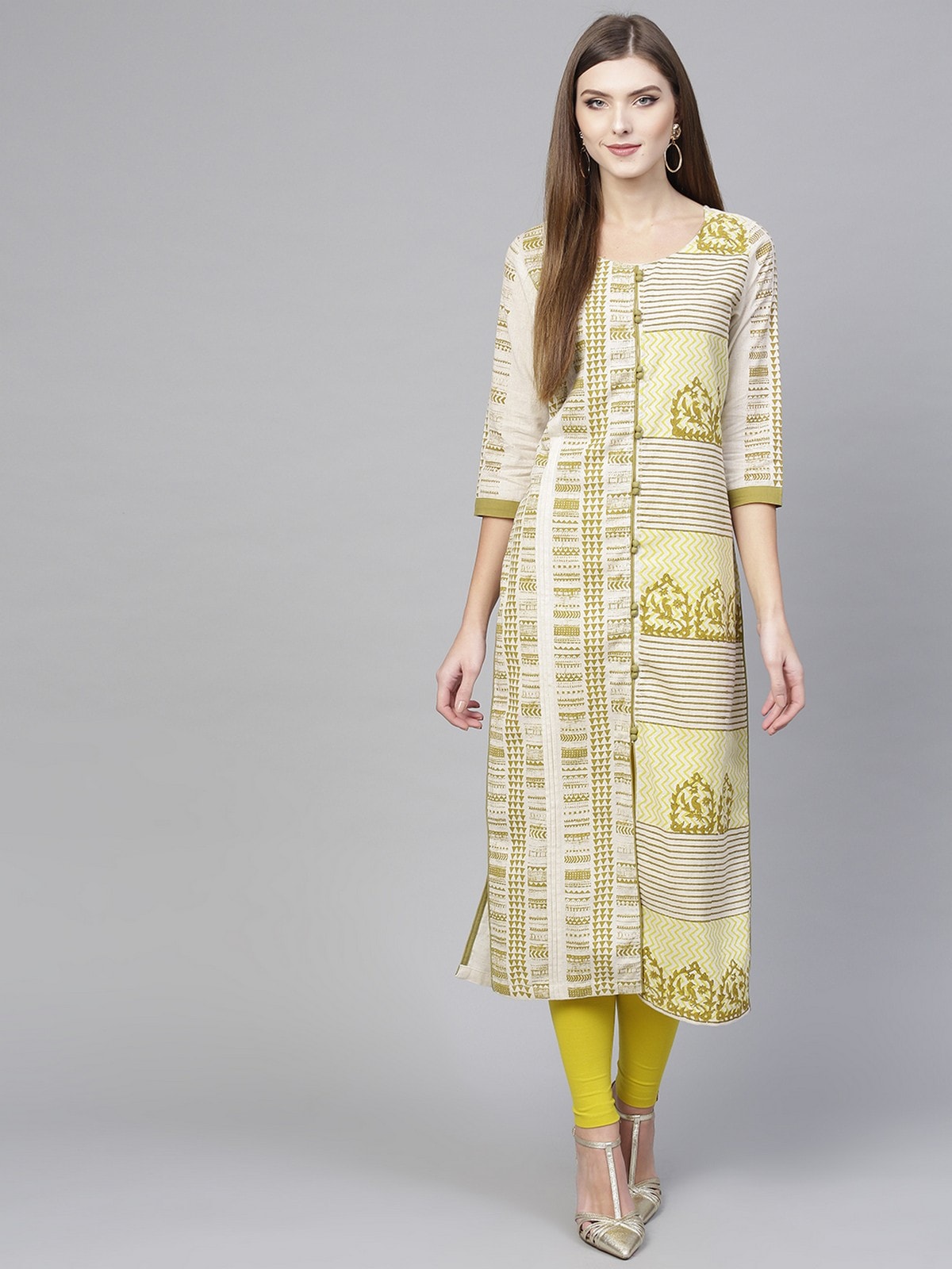 Off-White Half N Half Block Printed Kurta