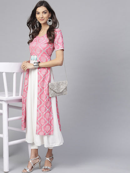 Pink Lotus Inspired Front Open Printed Kurta With Tassels