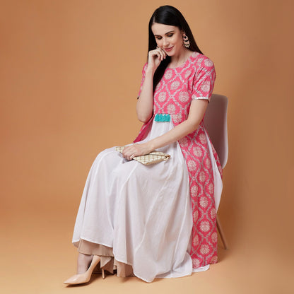 Pink Lotus Inspired Front Open Printed Kurta With Tassels