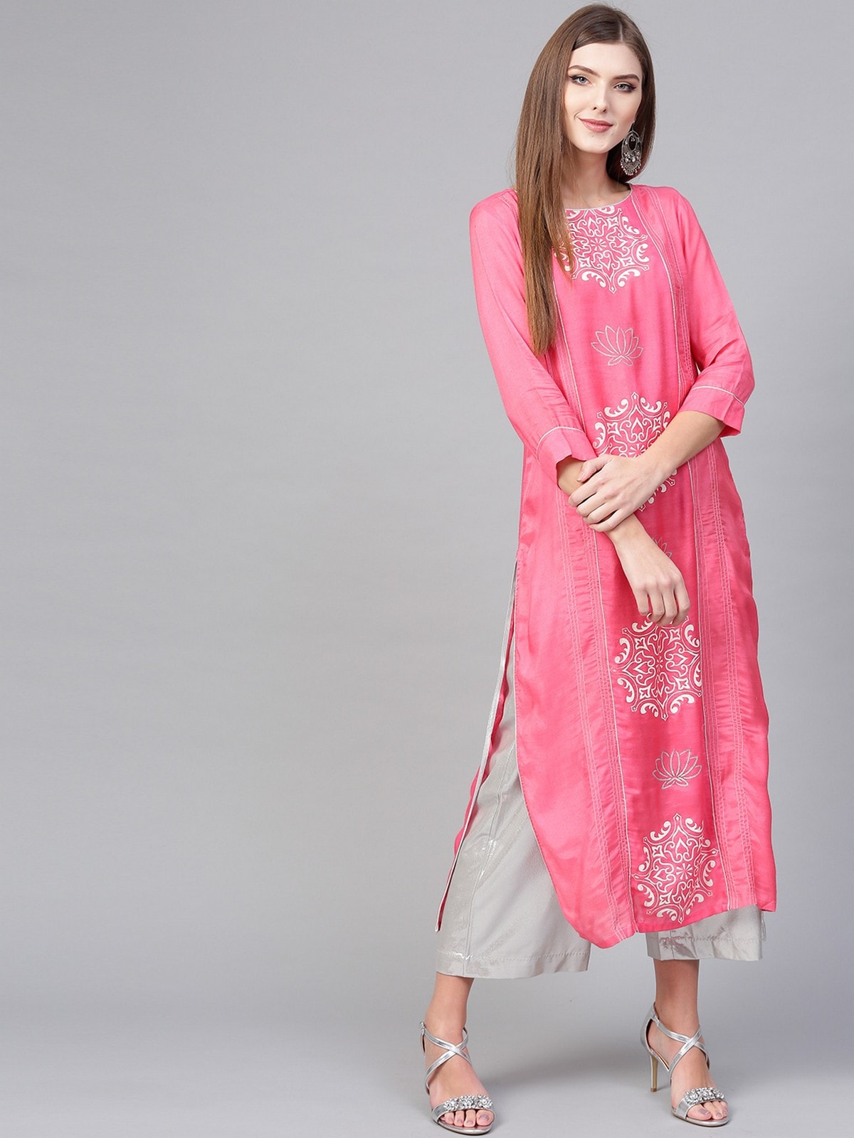 Pink Lotus Inspired Printed Panelled Kurta