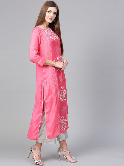 Pink Lotus Inspired Printed Panelled Kurta